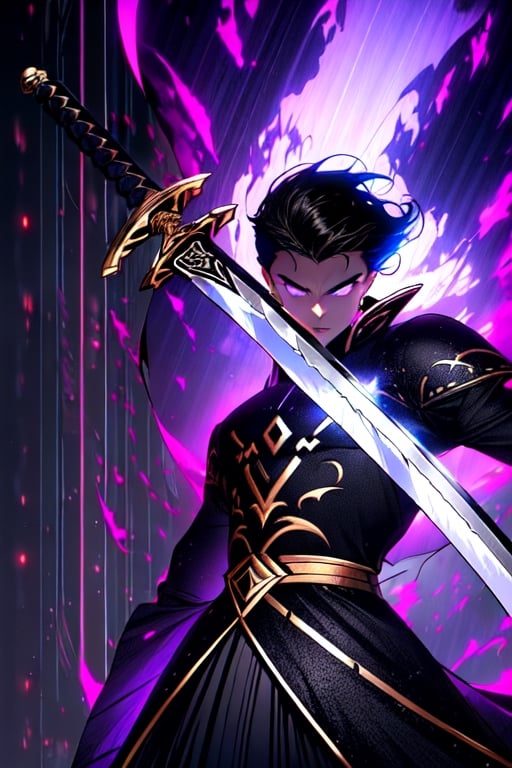 (Similar to baldurs gate portraits)Male, young, black hair, medium hair, purple eyes, white skin, black clothes, swordman, two swords, medieval background, night