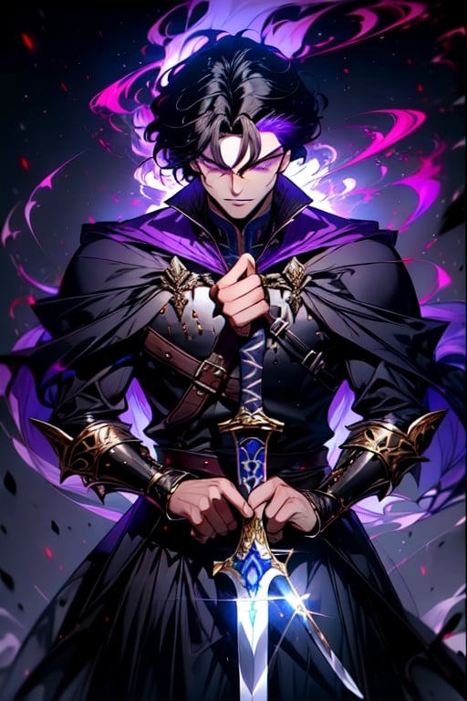 (Similar to baldurs gate portraits)Male, young, black hair, medium hair, purple eyes, white skin, black clothes, swordman, two swords, medieval background, night