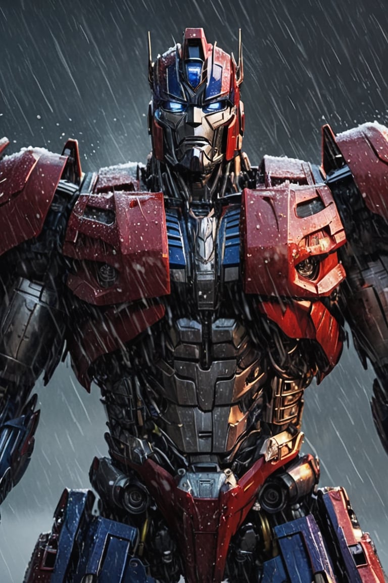 Portrait of very big body muscular Optimus Prime, very very wet rain, stormy  weather, snowing, leading, closeup, night, in front of hell, dark outfit, Detailed, with light reflection, Storming, movie, battle, many particles, hyper-realistic, award-winning, 8k