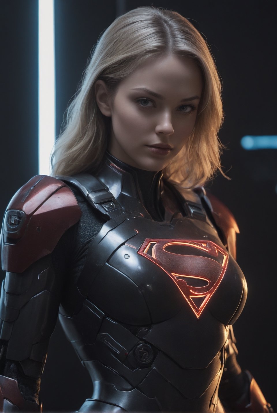 Supergirl from DC Comics. mecha robo soldier character, anthropomorphic figure, wearing futuristic black soldier armor and weapons, reflection mapping, realistic figure, hyperdetailed, cinematic lighting photography, red lighting on suit, By: panchovilla, mecha, cyborg style,Movie Still,cyborg style