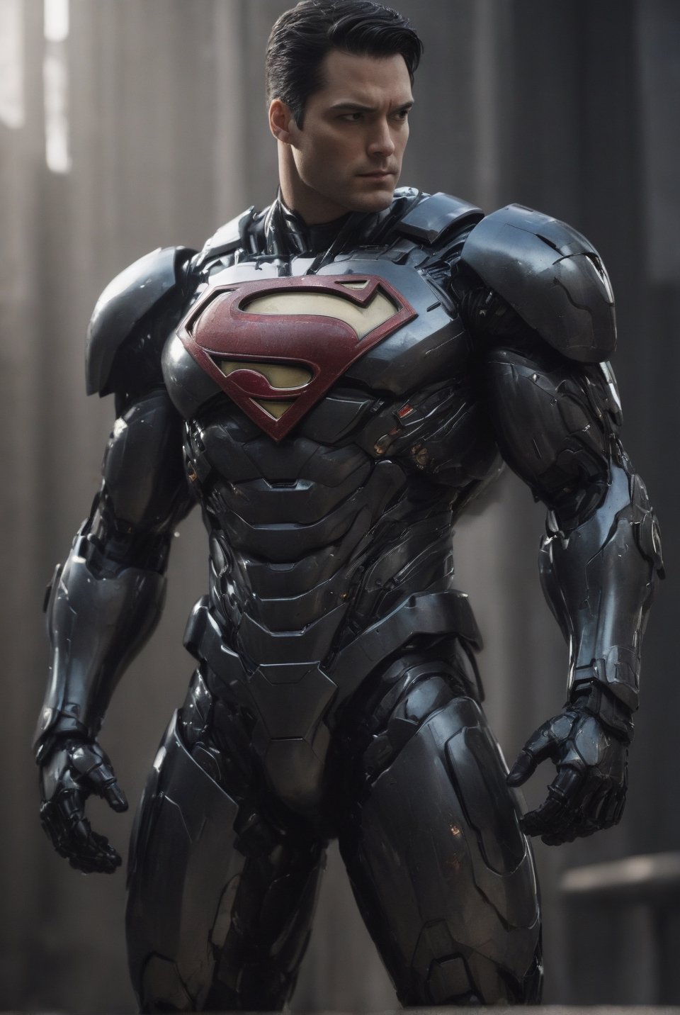 Superman from DC Comics. mecha robo soldier character, anthropomorphic figure, wearing futuristic black soldier armor and weapons, reflection mapping, realistic figure, hyperdetailed, cinematic lighting photography, natural lighting on suit, By: panchovilla, mecha, cyborg style,Movie Still,cyborg style