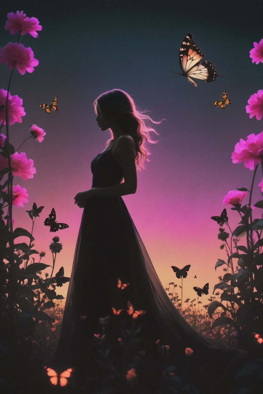 girl silhouette, black silhouette, (long dress), faceless, gloominess, sadness, darkness, (neon flowers and butterflies:1.4), (smoky silhouette:1.4), (garbage, banks, (pale pink theme:1.4),glowing flowers and butterflies ,a girl sits in flowers and looks up,view from above