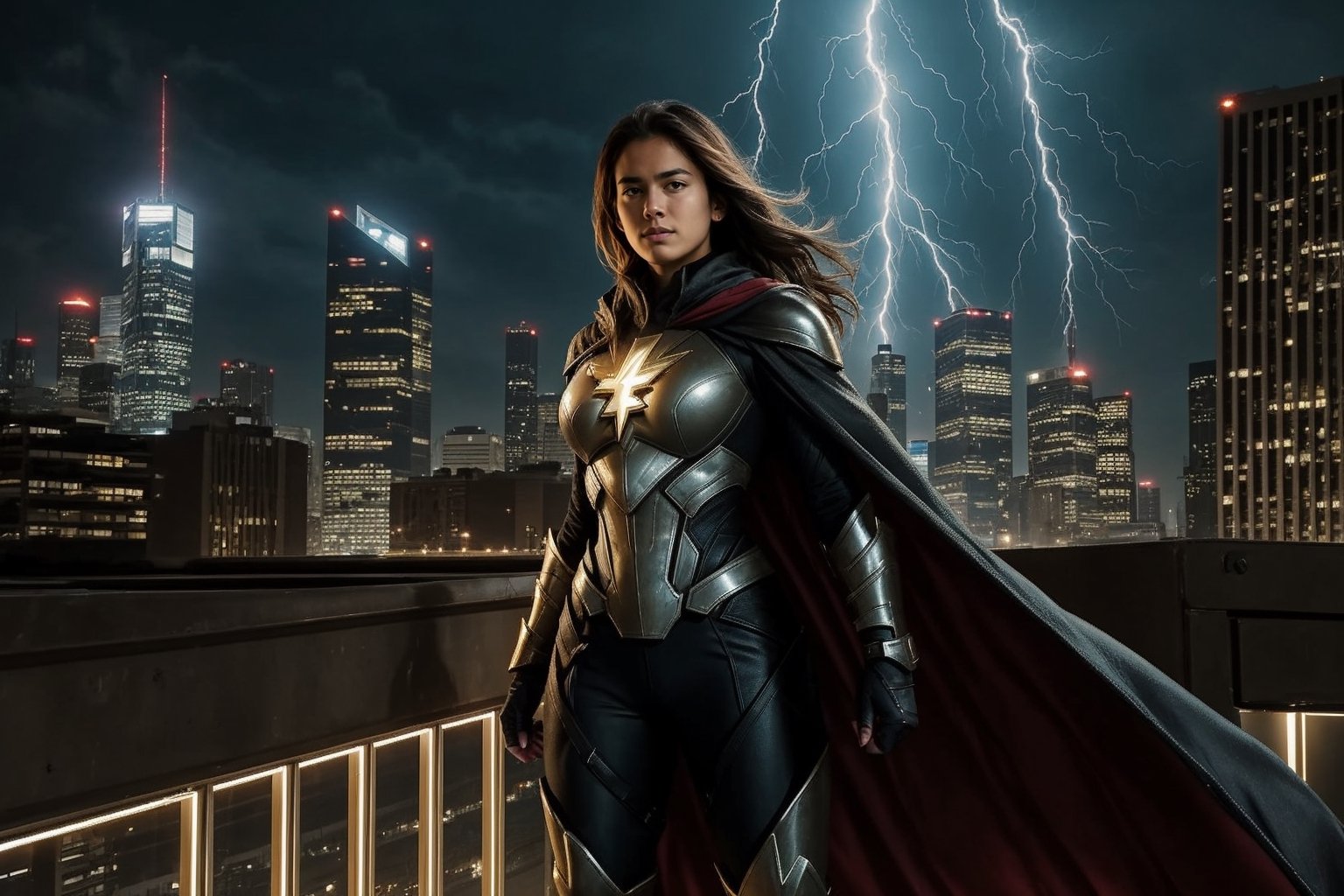 Amidst a cityscape of towering skyscrapers and neon-lit streets, chaos brews—a scene set for our formidable female superhero to emerge. With a flash of light and a rush of wind, she descends from the sky, a vision of power and valor. Her costume, a blend of sleek design and resilient armor, gleams under the city lights, a symbol of unwavering strength. She moves with an agile grace, each step a testament to her prowess. Her cape billows behind her, a flowing emblem of determination that dances with the rhythm of her movements. Eyes, bright and focused, scan the cityscape for signs of trouble. Her gaze holds a steely resolve, a reflection of her commitment to protect and defend. The city's cries for help echo in her ears, guiding her toward the heart of the turmoil. With lightning speed, she springs into action, a force to be reckoned with. Her abilities, honed through dedication and training, manifest in awe-inspiring displays of power. Whether it's superhuman strength, dazzling agility, or a mastery of elements, she wields her gifts with a sense of responsibility. In the heat of battle, she stands unwavering—a beacon of hope amidst the chaos, a guardian determined to shield the innocent from harm. Her actions are swift and decisive, calculated yet fueled by a deep-seated compassion for those in need. The city witnesses her bravery firsthand, as she faces adversaries with unwavering resolve, never faltering in her mission to defend the vulnerable and uphold justice. In this urban symphony of turmoil and heroism, she is not just a superhero; she's a symbol of courage, resilience, and unwavering determination—a protector whose valor inspires hope in the darkest of moments.
