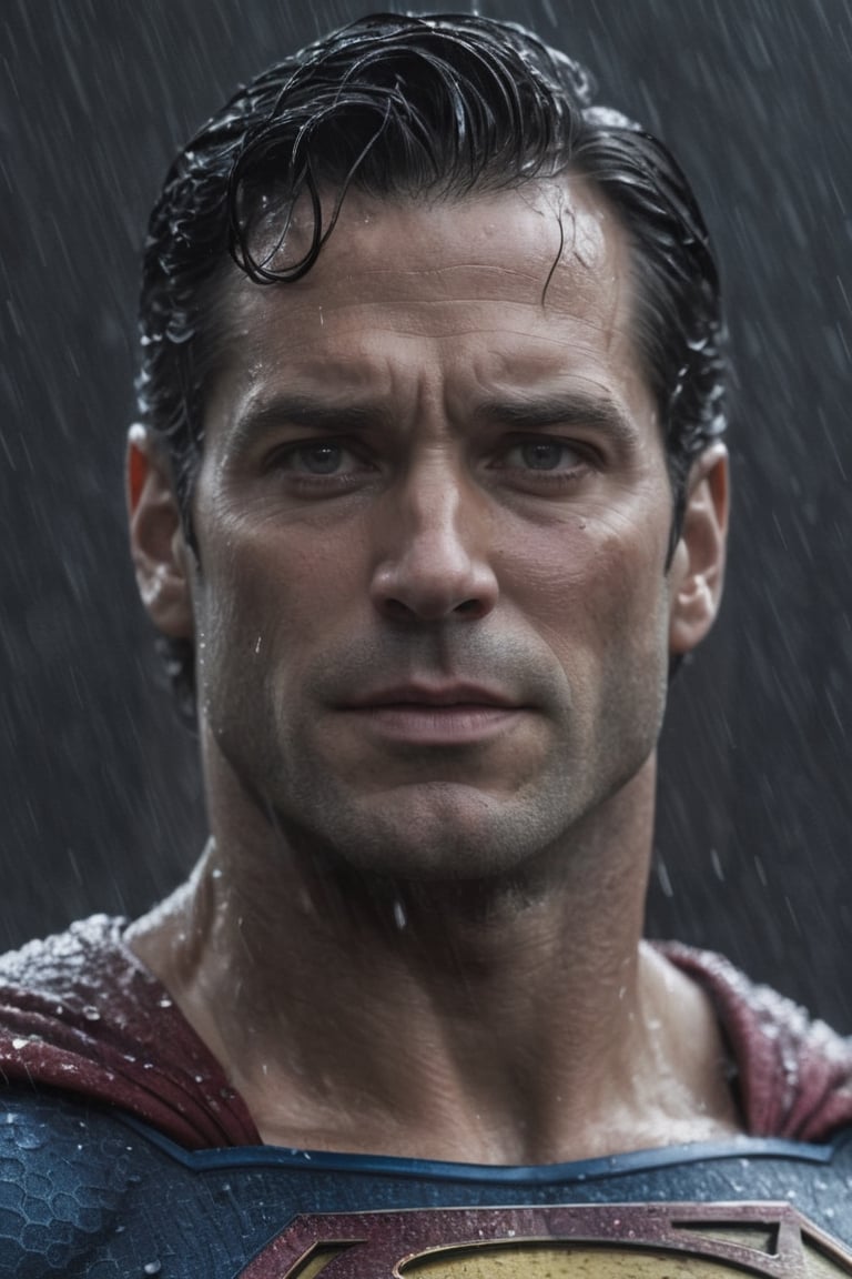 Portrait of very big body muscular Superman in zack snyder movies, wide  neck, very very wet rain, face  portrait, stormy  weather, snowing, leading, closeup, night, in front of hell, dark outfit, Detailed, with light reflection, Storming ، movie, battle, many particles, hyper-realistic, award-winning, 8k