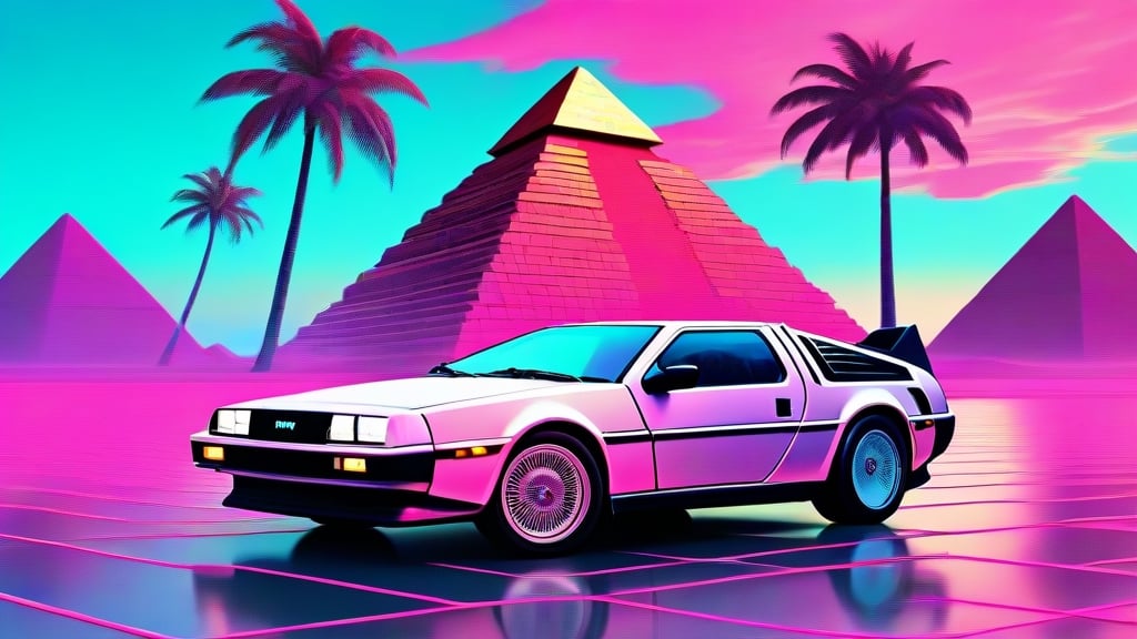 pyramid, retro delorean car, ground grid, palm trees, (vaporwave theme), 
