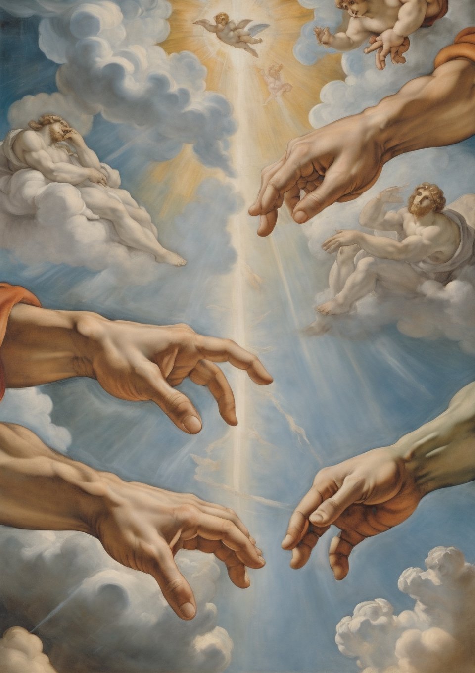 imagine two hands touching their fingers, one hand reaching down from clouds above, the other hand reaching up from below,  michelangelo painting, the creation of adam, artstyle by Michelangelo Buonarroti, christian art, renaissance religious art, michelangelo style, celestial, billowing clouds  ,detailmaster2 ,art by sargent 