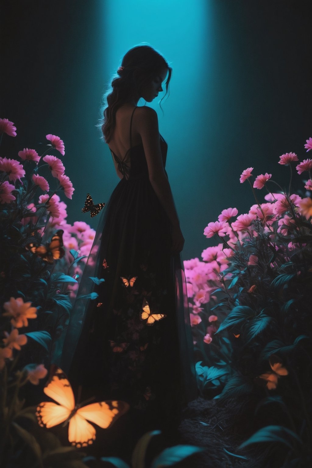 girl silhouette, black silhouette, (long dress), faceless, gloominess, sadness, darkness, (neon flowers and butterflies:1.4), (smoky silhouette:1.4), (garbage, banks, (pale pink theme:1.4),glowing flowers and butterflies ,a girl sits in flowers and looks up,view from above