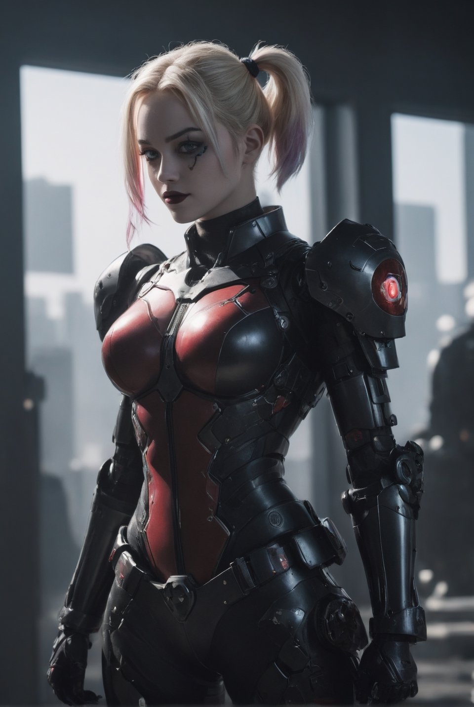 Harley Quinn from DC Comics. mecha robo soldier character, anthropomorphic figure, wearing futuristic black soldier armor and weapons, reflection mapping, realistic figure, hyperdetailed, cinematic lighting photography, natural lighting on suit, By: panchovilla, mecha, cyborg style,Movie Still,cyborg style