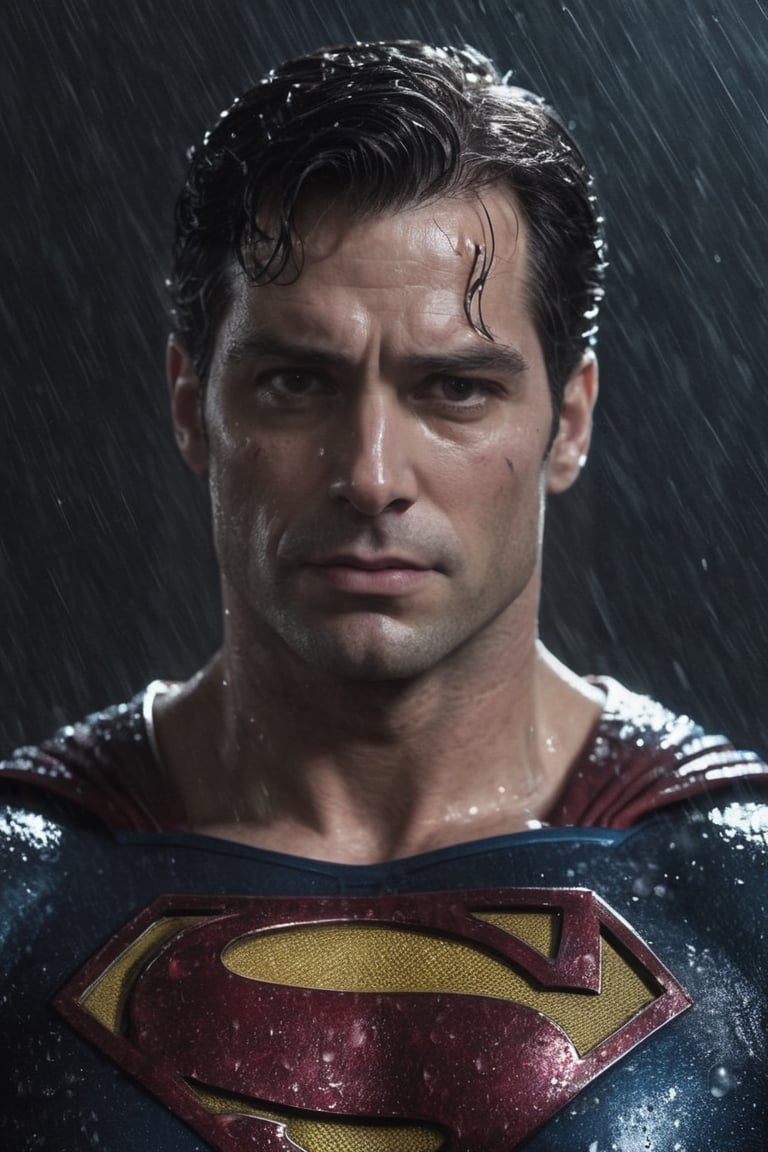Portrait of very big body muscular Superman in zack snyder movies, wide  neck, very very wet rain, face  portrait, stormy  weather, snowing, leading, closeup, night, in front of hell, dark outfit, Detailed, with light reflection, Storming ، movie, battle, many particles, hyper-realistic, award-winning, 8k