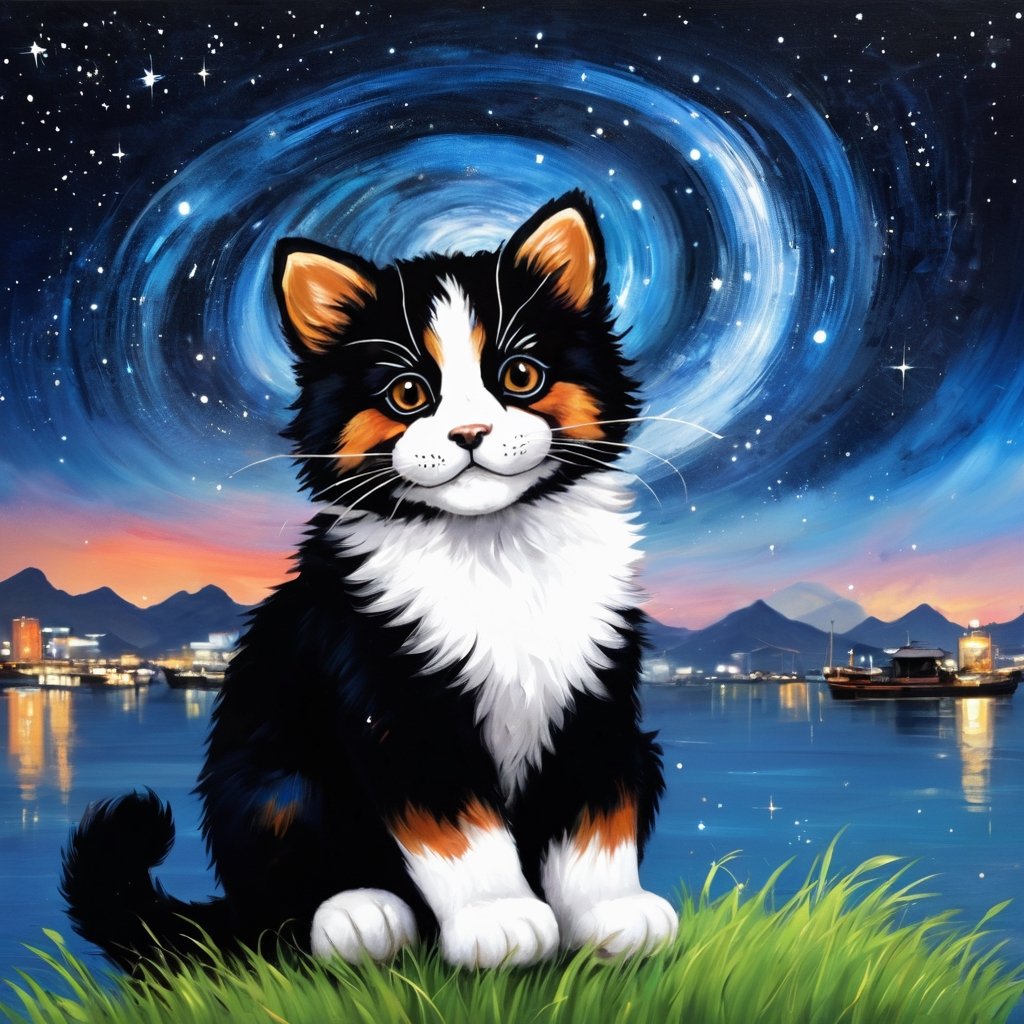 ((Little Ghost:1.5)Oil painting, heavy texture, the background is Taiwan's harbor at night, the sky is full of stars, the Milky Way and the obvious Leo constellation can be seen in the sky. The Leo constellation is composed of line segments. A Taiwanese black bear. Sitting on the grass, short and quick strokes, wavy or spiral strokes, arc strokes, rough and intense strokes, super thick paint, to enhance calico cat's oil painting feel, the color is dull, calico cat accounts for The picture is in a small position. Complex background. Masterpiece,Ancient Chinese painting