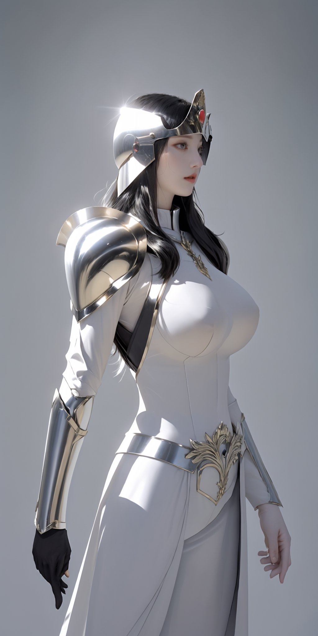 a beautiful woman, wearing armor,huge breasts,showing breasts,Saint Seiya style, holding the helmet, in her hands, white skin, short black hair, black eyes, the armor outlines her body