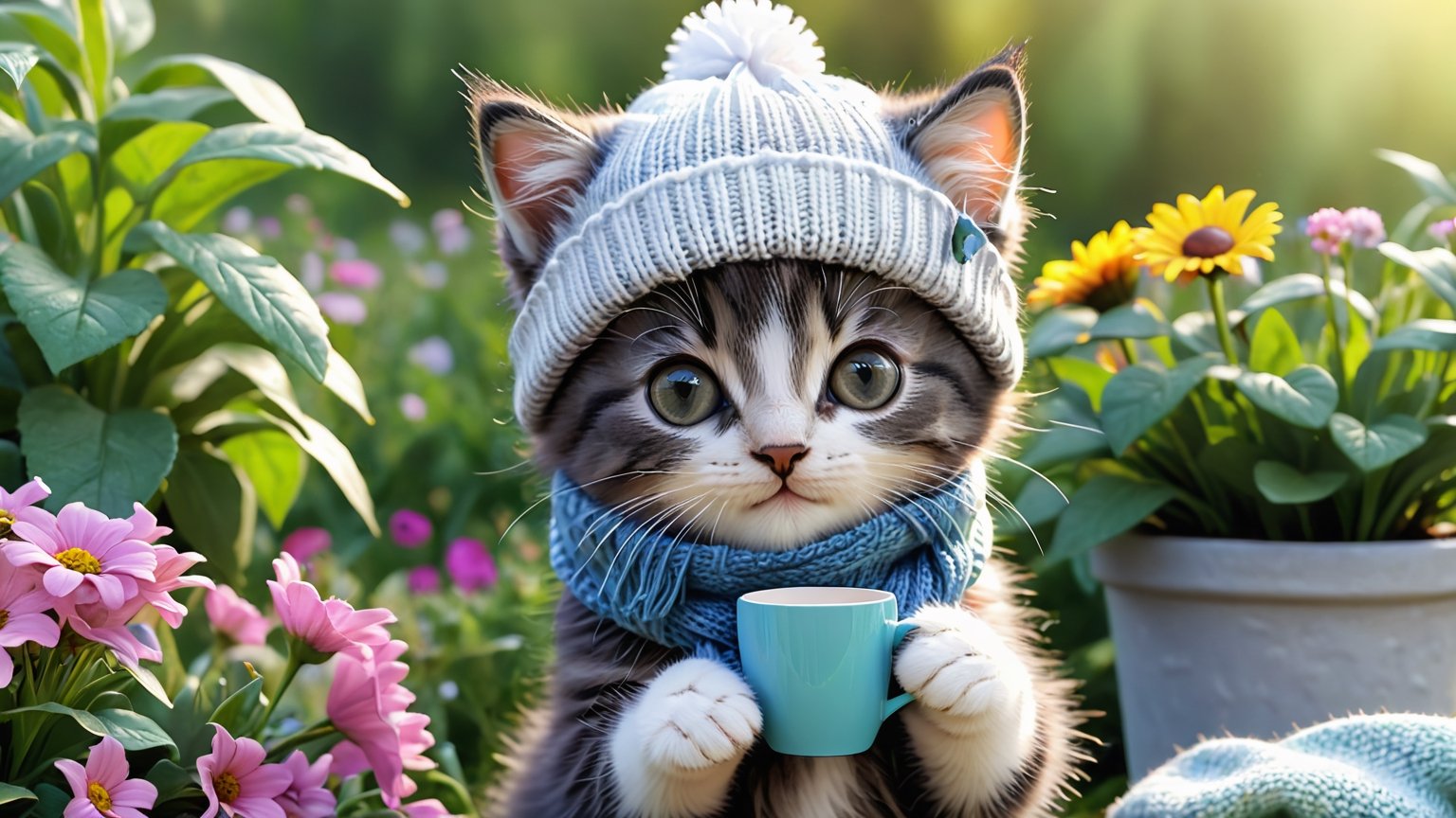 Kitten with a cup, wearing a knitted hat and scarf, hyper realistic soft toy on a flower garden background, very cute, happy and beautiful, cute detailed illustration expressing joy, fully dressed, tiny, cute scene, stunning, tiny detail, fluffy, beautiful art, 3d render, cinematic