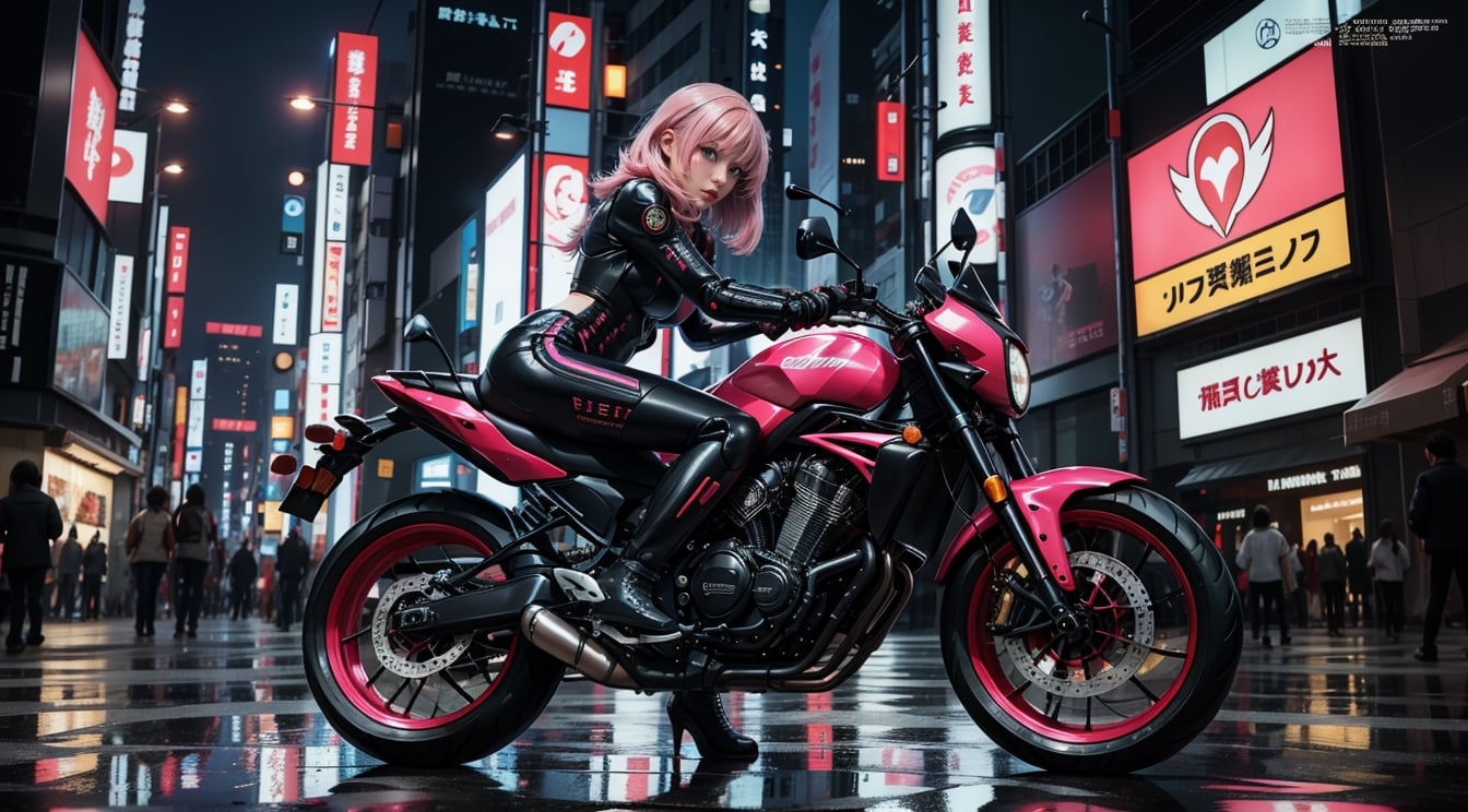 Futuristic girl, female alien suit, detailed, ultra HD quality, hdr reflection, reflector light,pink hair, riding a handsome black motorcycle, futuristic Tokyo cyberpunk style,
