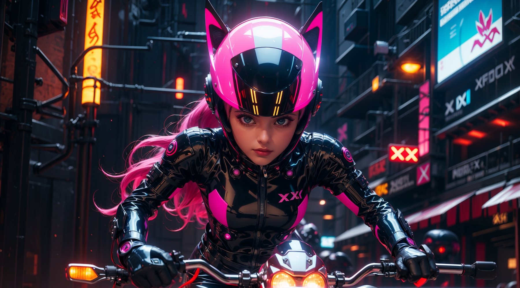 r1ge, Futuristic girl, female alien suit, motox fox helmet, detailed, ultra HD quality,  pink hair, hdr reflection, riding a handsome motorcycle, reflector light,  in the futuristic cyberpunk style,