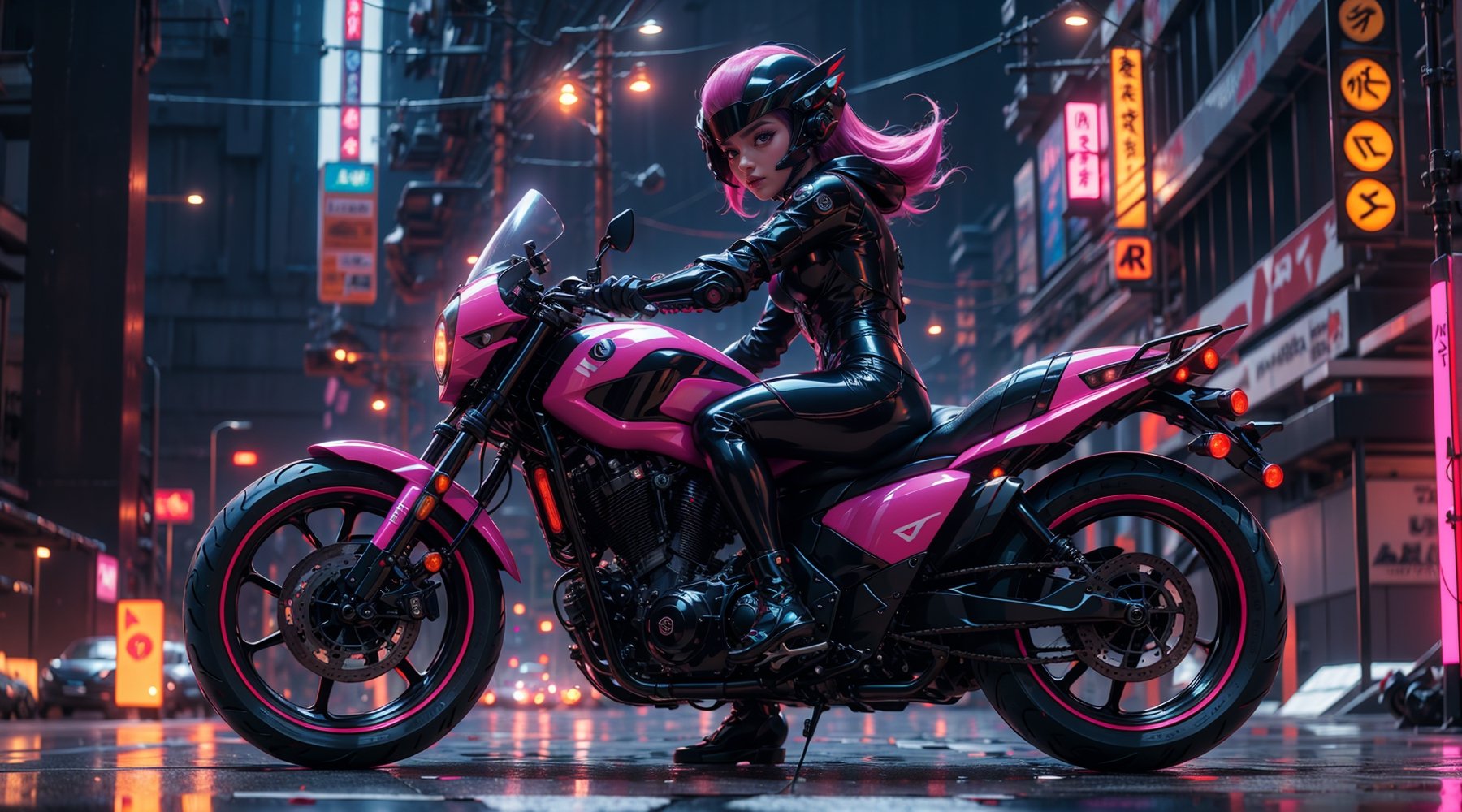 r1ge, Futuristic girl, female alien suit, detailed, ultra HD quality,  pink hair, hdr reflection, Show off whole body and  riding a handsome motorcycle, reflector light,  in the futuristic cyberpunk style,