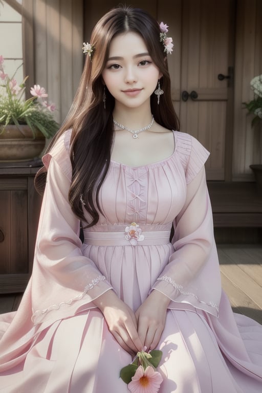 A young woman with long, dark brown hair and piercing brown eyes gazes directly at the viewer with a warm, radiant smile. She stands tall in a floor-length, pale pink dress with long sleeves, her fingers adorned with delicate jewelry and earrings that catch the light. A single flower or plant rests gently in her hand, as if offered to the observer, adding a touch of whimsy to this charming scene.,Korean