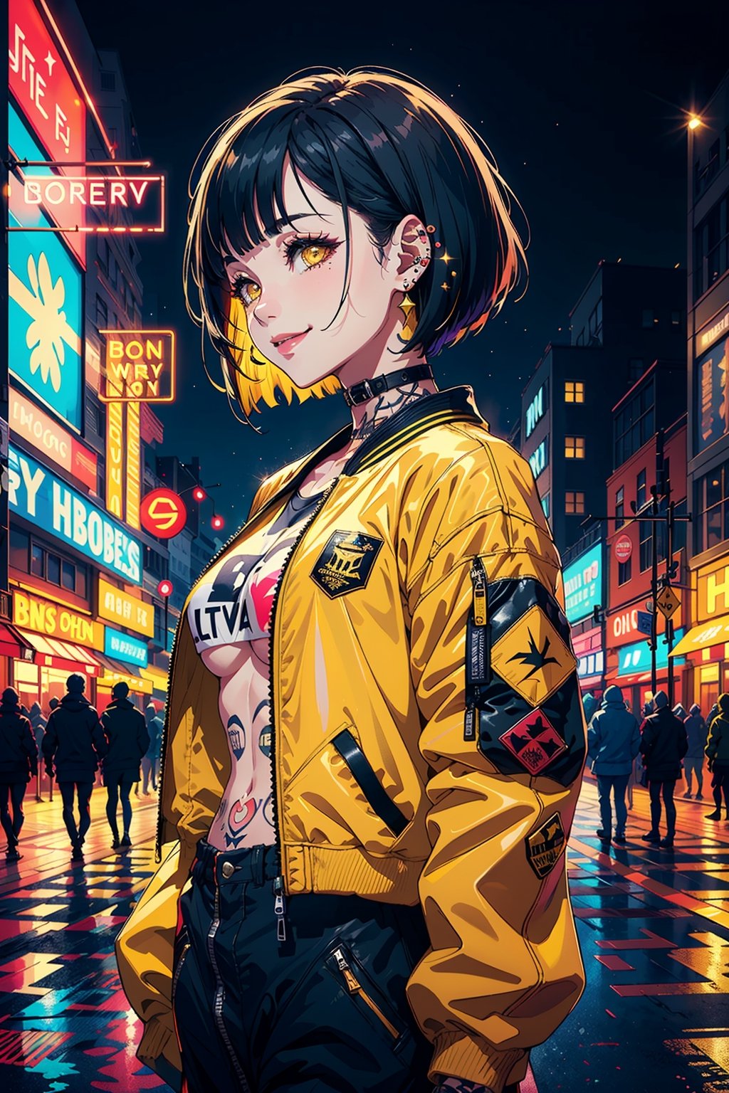 Best quality, masterpiece, 1girl, short blunt bob hair, yellow eyes, tattoos, yellow pants,yellow shirt,under_boob,long shot, upper body, ear piercings, black bomber jacket, profile picture, smiling,city night background,neon sign,outfit-km,High detailed ,glitter