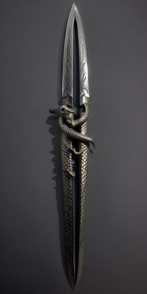 1 dagger,NO human,NO person,NO character,
Dagger of the Hashashin group, the handle to the blade is in the shape of a snake, delicate, with details, Dark alloy material, attention to detail, snake head handle end 