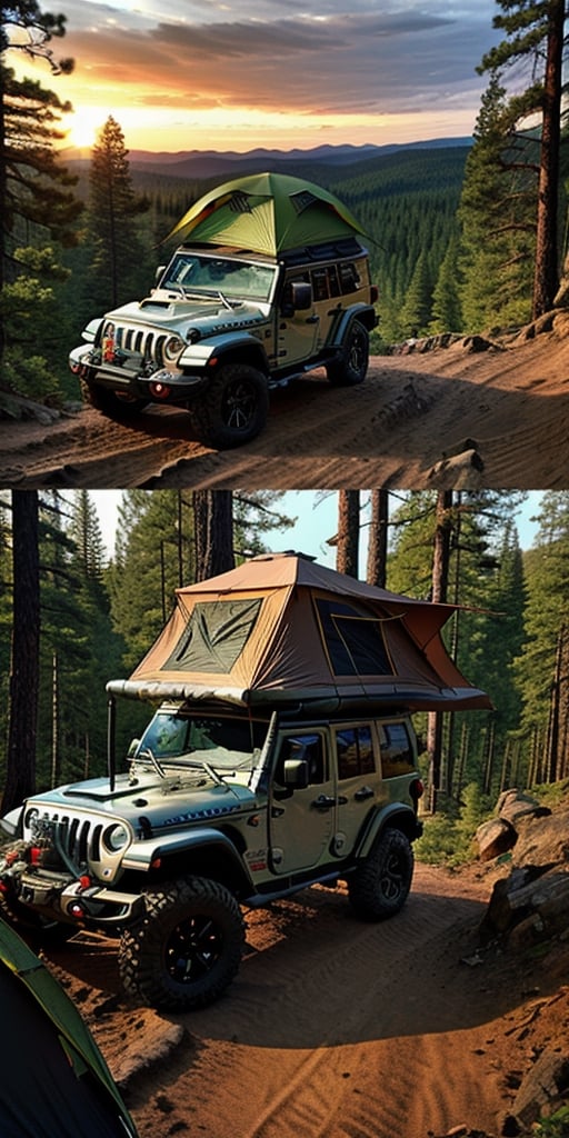 Off-road jeep, camper, tent on the roof, nature, forest heights, many details, accuracy in details, sunset, Nature tourism, sex in nature 