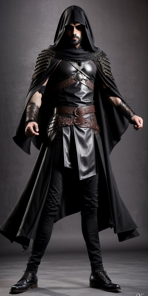 1 man, Hashashin, Iran, Hassan Sabah, detailed details, full body, Hashashin combat clothes, leather clothes, Hashashin،Black cloak 