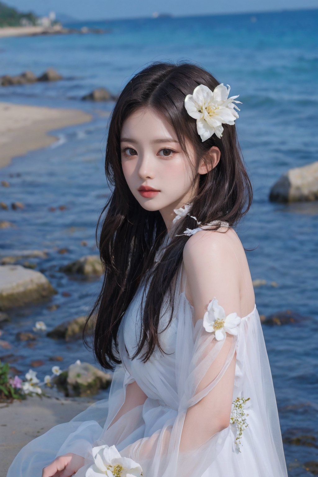 8k, best quality, masterpiece, realistic, high detail, photo realistic, Increase quality, beach, flower, dress, look at viewer, soft expression,