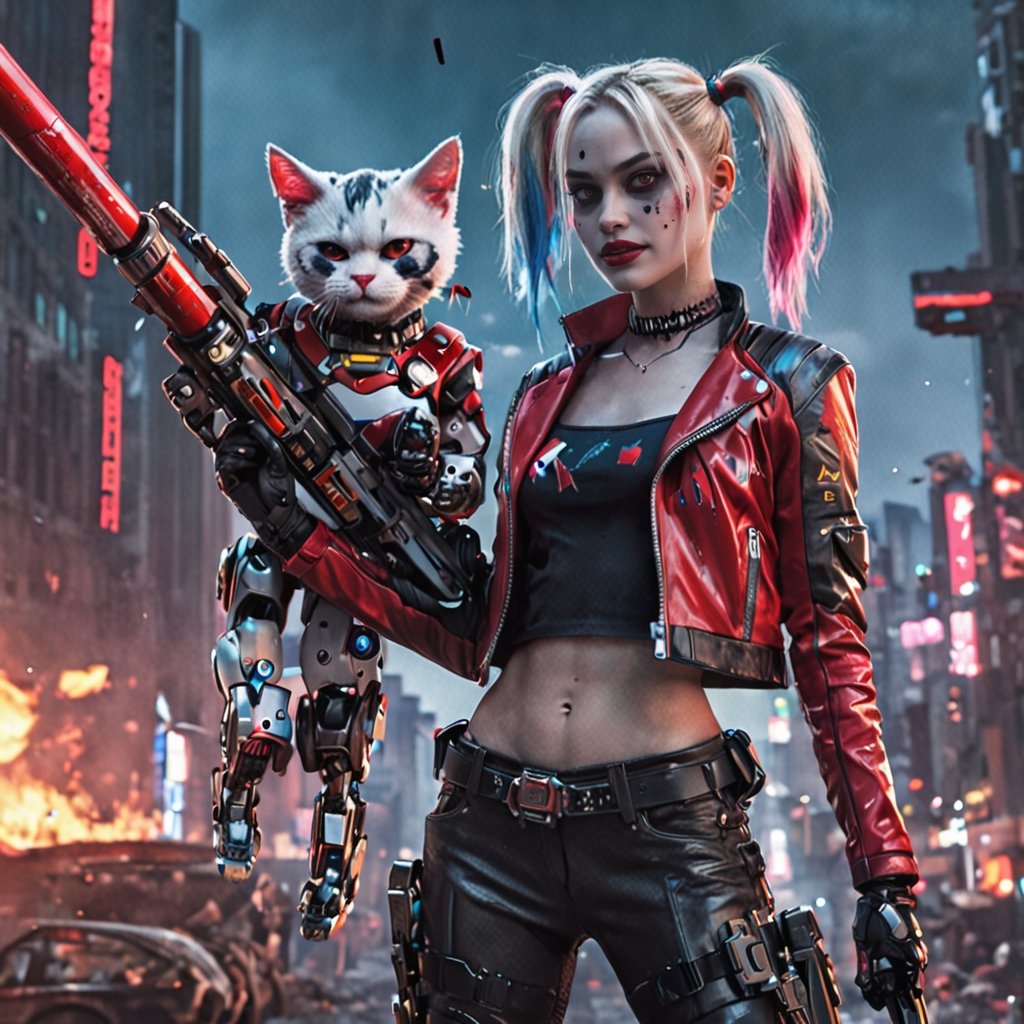 HD wallpaper 32k cinematic shoot of DC's harley quinn((Android cyberpunk/robotic bodypart)) and her robotic cat((Mecha cat)), she hold an mecha baseball bat, shirtless((flashing upper body)) under red cropped jacket, on futuristic cyberpunk Gotham city, explosion behind, hyper detail, extreme detail..