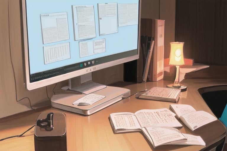 chair, desk,books,in the house,table lamp,computer,yofukashi background