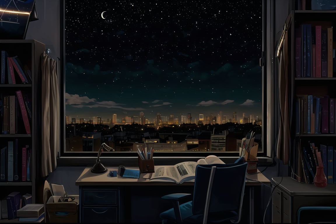 Night, stars, night scene,city, sitting in chair, desk,books