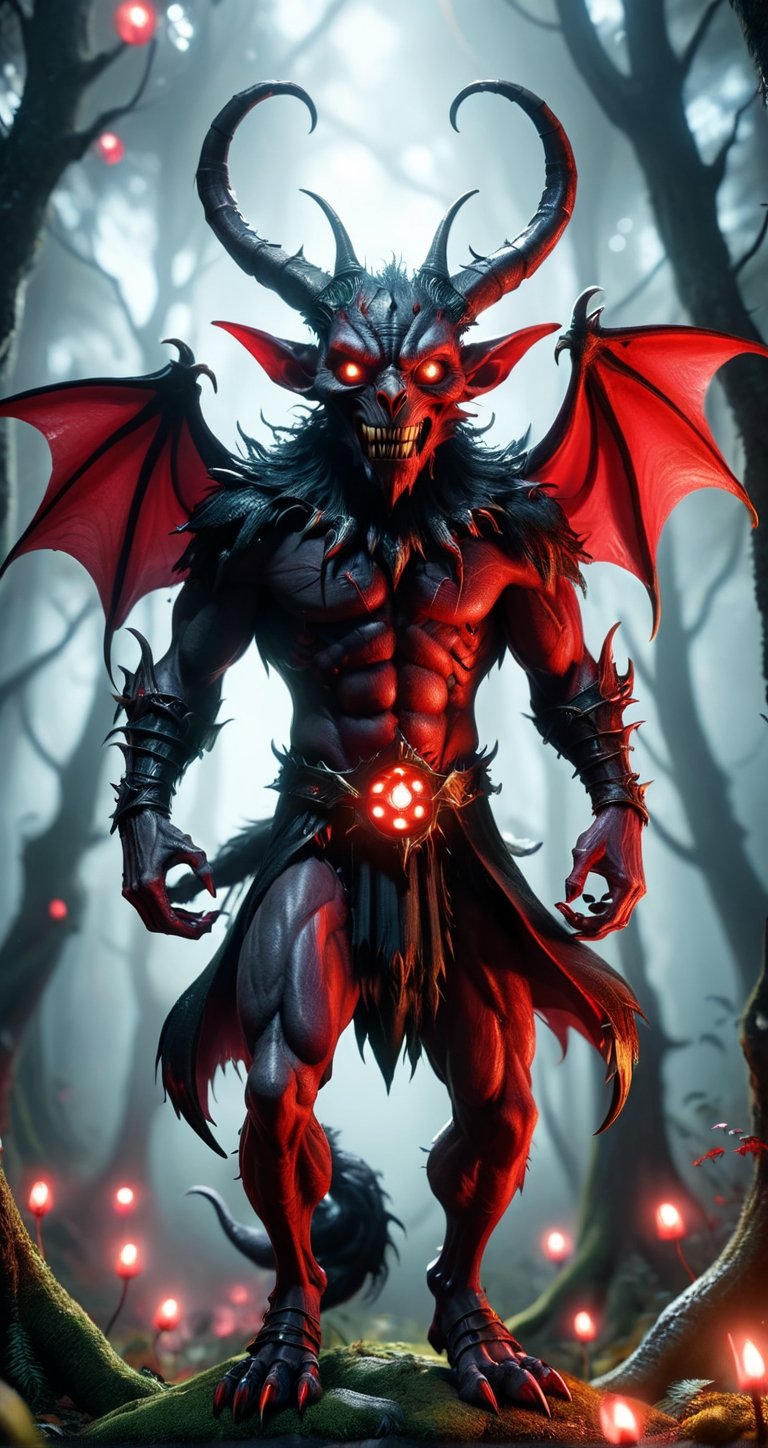llustration of a red and black imp, full body shot, vivid color, depth of field, enchanted dark forest, night, octane render, unreal engine v5,

hype realistic cover photo awesome full color, Cinematic, (hyper detail), perfect anatomy,
,more detail XL, (Unparalleled Masterpiece),(Ultra High Definition),(Ultra-Realistic 8k CG),