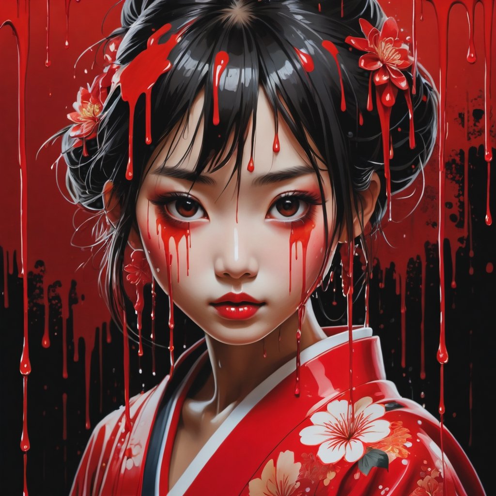 Stylized, intricate, detailed, artistic, dripping paint, japanese girl, red, dark background,
