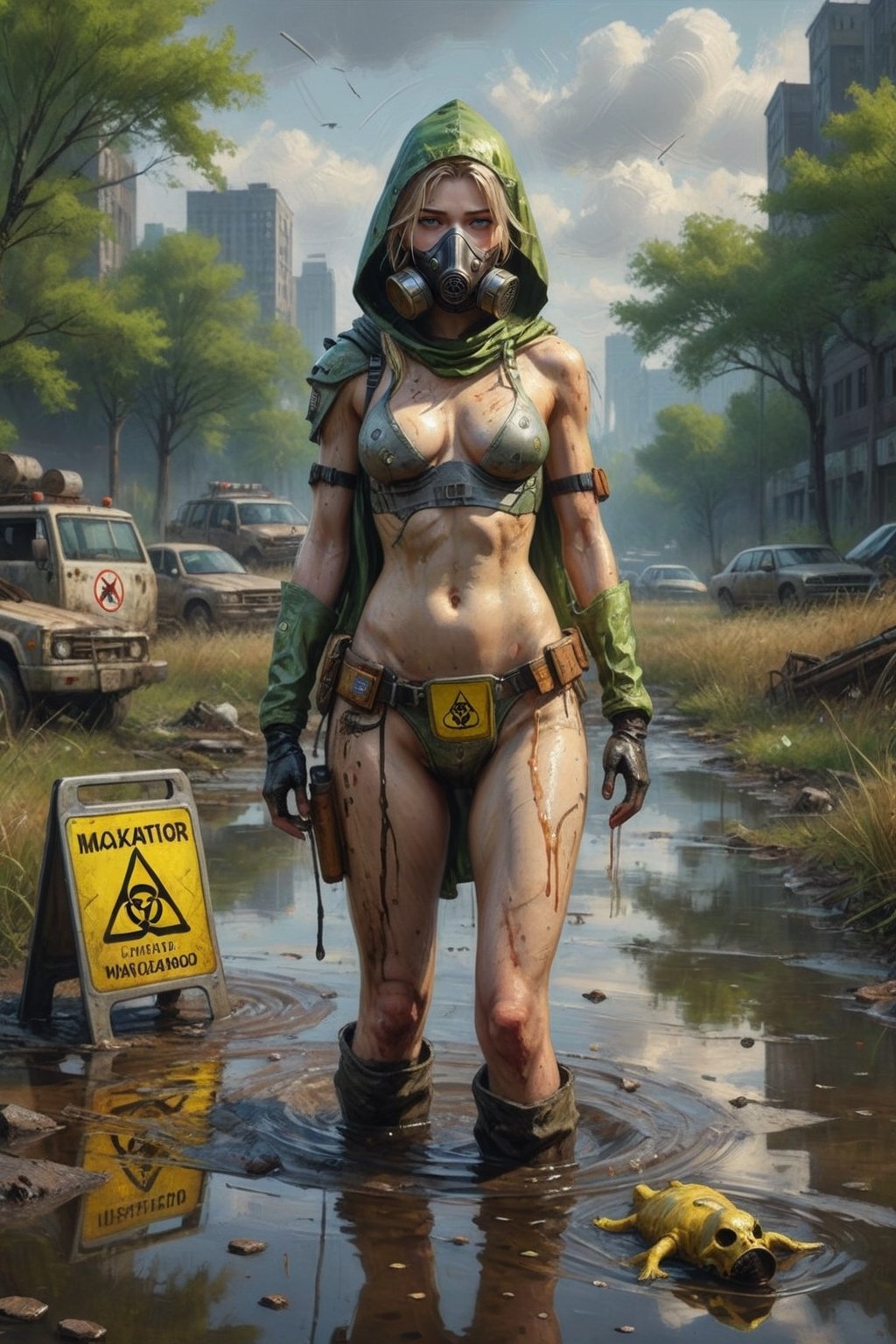 Photorealistic, Award Winning, Ultra Realistic, 8k, of a stunningly beautiful half-naked wanderer with a respirator standing near a puddle of radioactive waist with a dead body floating in it and a biohazard sign , amidst the ravages of time and nature."  long blonde hair,  and wears a skimpy broken tec armor with hood,  Masterpiece, ultra highly detailed, digital painting