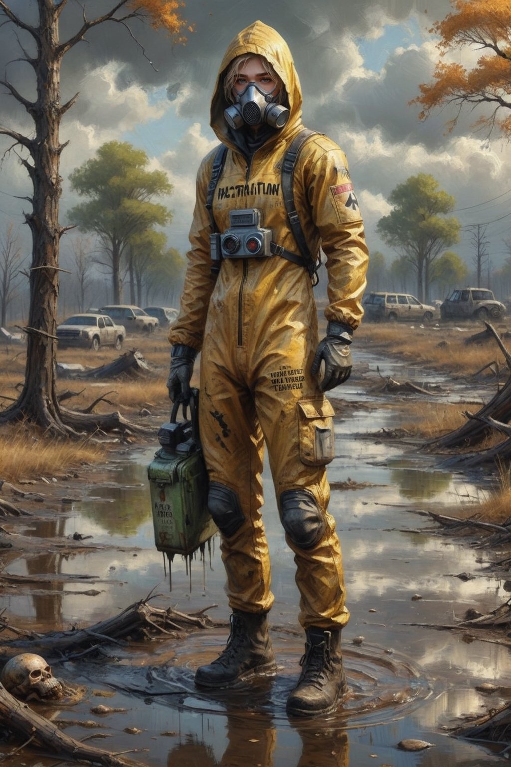 Photorealistic, Award Winning, Ultra Realistic, 8k, of a stunningly beautiful half-naked wanderer with a respirator standing near a puddle of radioactive waster with a dead body floating in it and a biohazard sign, wearing a destroyed jumpsuit, dead trees and a barren landscape,  amidst the ravages of time and nature."  long blonde hair,  and wears a skimpy broken tec armor with hood,  Masterpiece, ultra highly detailed, digital painting
