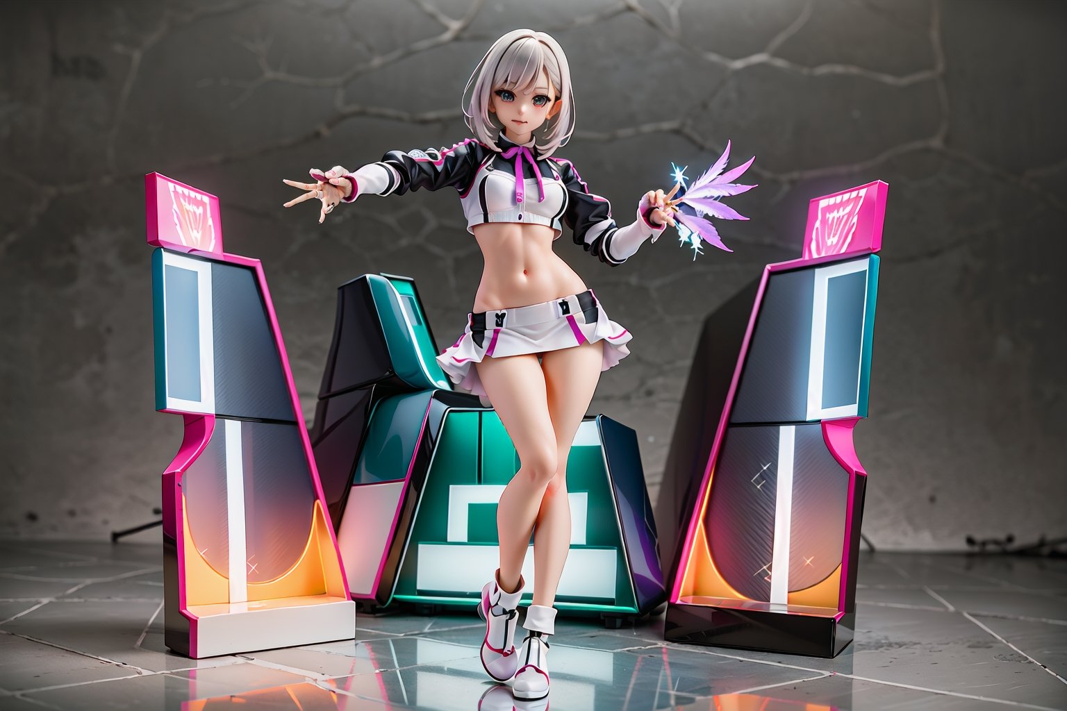 real-photograph of full body, lifelike female anime-doll, confident-anime-face, bright-sparkly-sharp-anime-eyes, fashion-punk-clothing, Athletic-body:, real-doll-style: , 80's-style glamour-shot, contrasting colors, purple and orange, black-feather-wings, realistic photograph, source lighting, rim lighting, radial lighting, intricate, ornate, elegant and refined,AMSC,z1l4