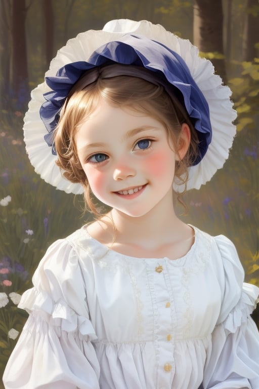 Highly detailed portrait of a young Amish girl, wearing a traditional bonnet and smiling softly, realistic oil painting style by Johannes Vermeer or Albrecht Dürer, intricate details in the fabric of her dress and bonnet, soft lighting to enhance her innocence and purity.