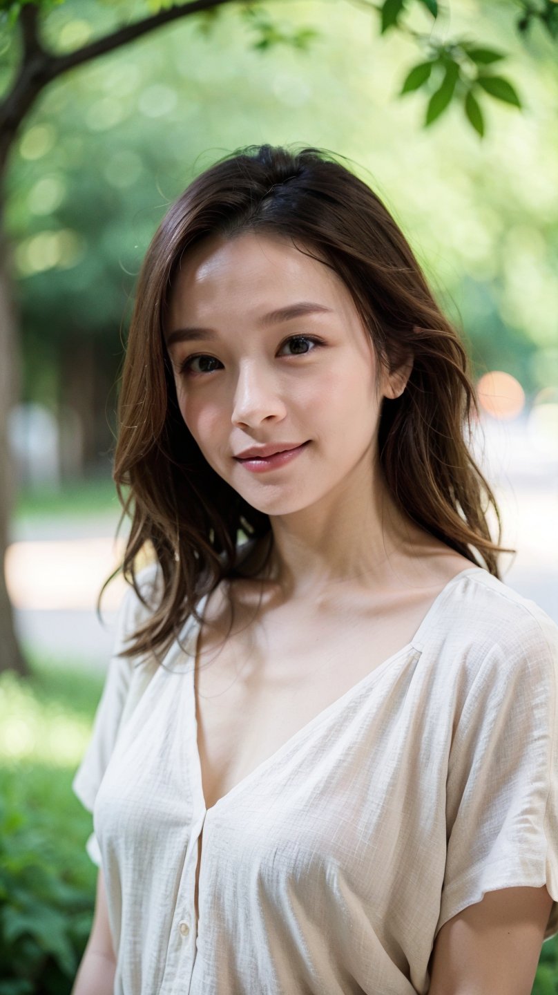 (Raw photo, real photo), upper body, thin, flat chest, linen blouse, bokeh, romantic, outdoor