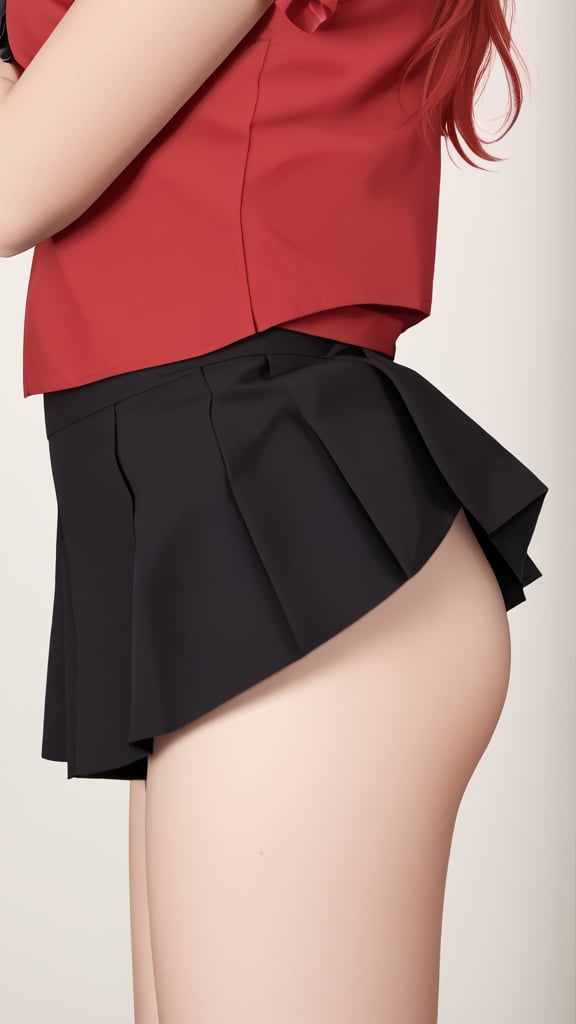 A close-up shot of a 25-year-old girl with pale skin, wearing a black skirt that hugs her curves, paired with a striking red blouse that accentuates her décolletage. Her features are softly lit from the side, casting a warm glow on her face as she looks directly at the camera with a subtle smile.