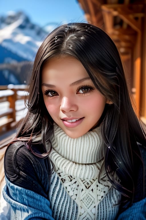 beautiful girl at snow mountain, realistic, sit on bench, cute face, sun lighting from the front, black hair ,pure skin,Fluffy sweater, jeans, best quality, smile, cute face, pure skin,