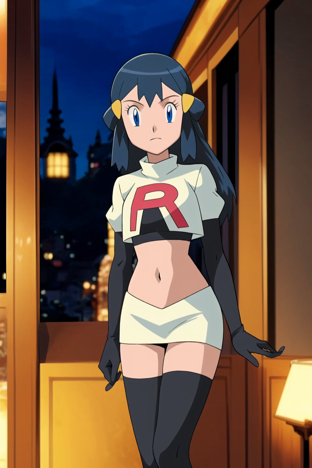 (best quality), (highly detailed), masterpiece, (official art), Team Rocket, cropped jacket, white jacket, crop top, jacket, gloves, black gloves, elbow gloves, navel, midriff, white skirt, miniskirt, skirt, thighhighs,, looking at viewer, china, asiática, city, night, sky, (intricately detailed, hyperdetailed), blurry background,depth of field, best quality, masterpiece, intricate details, tonemapping, sharp focus, hyper detailed, trending on Artstation,1 girl, high res, official art,dawn 