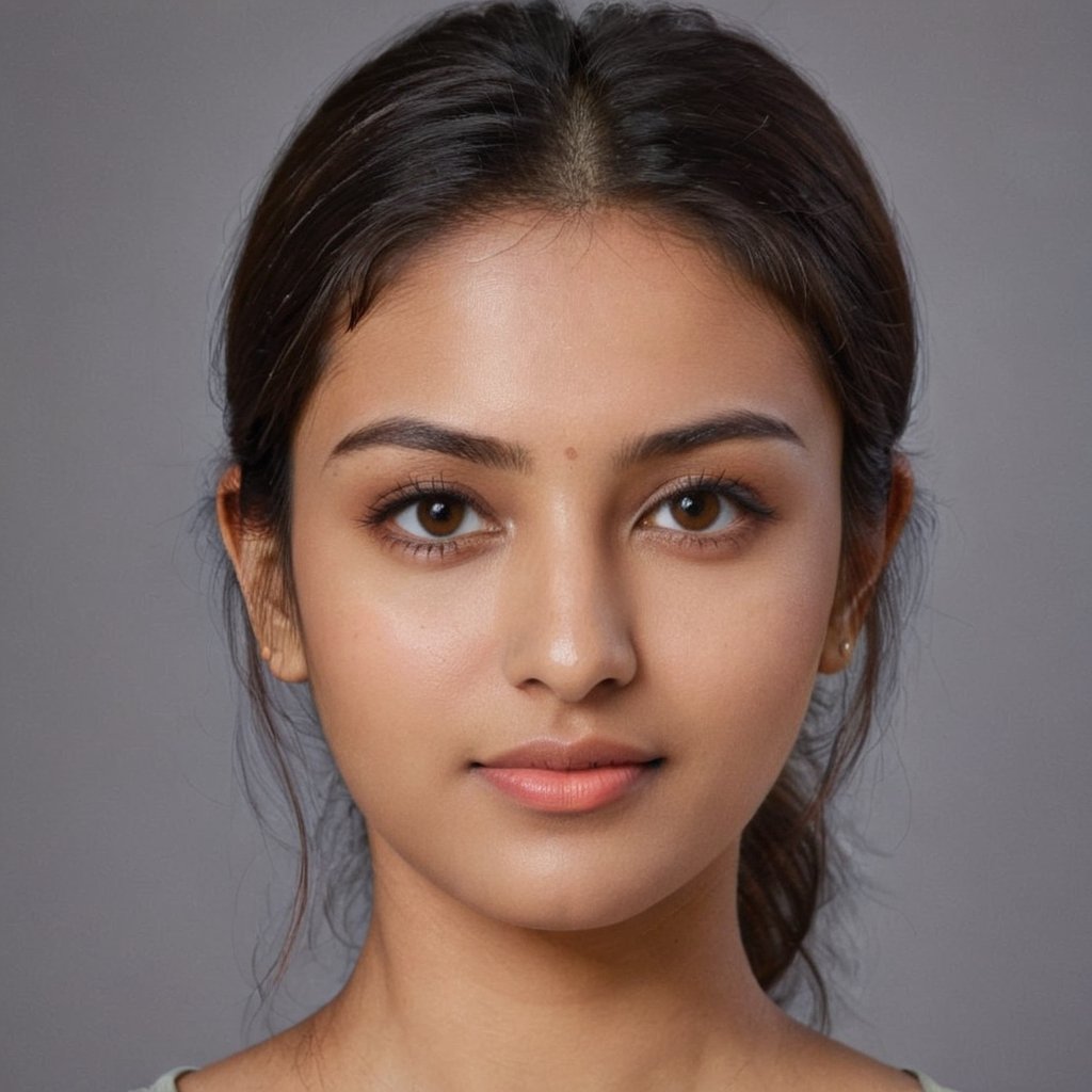 hyper realistic face of a beautiful Indian woman with brown hair, beautiful eyes,  no makeup,  natural tanned skin, from front, facing camera, nothing on face, perfect round face shape, dimple on cheeks,  slightly smiling, clear forehead