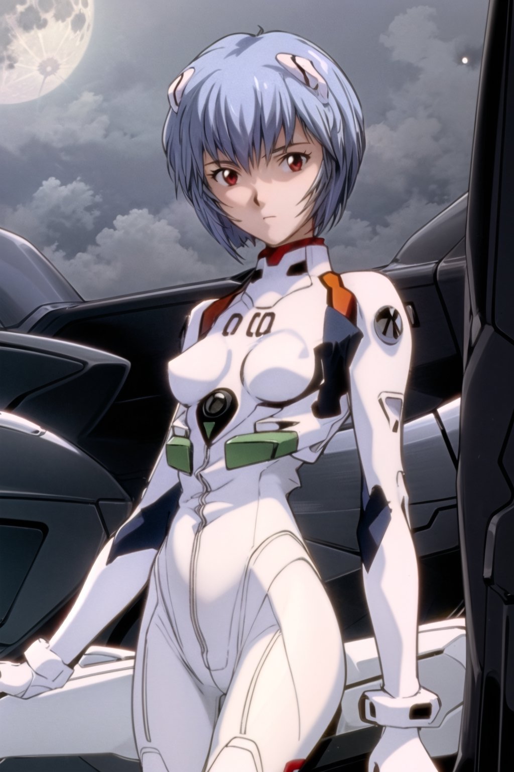 pikkyayanami, 1girl, solo, looking at viewer, blue hair, short hair, bangs, red eyes, breasts, small breasts, white bodysuit, plugsuit, bodysuit, interface headset, pilot suit, full body, best quality ,under the moon 