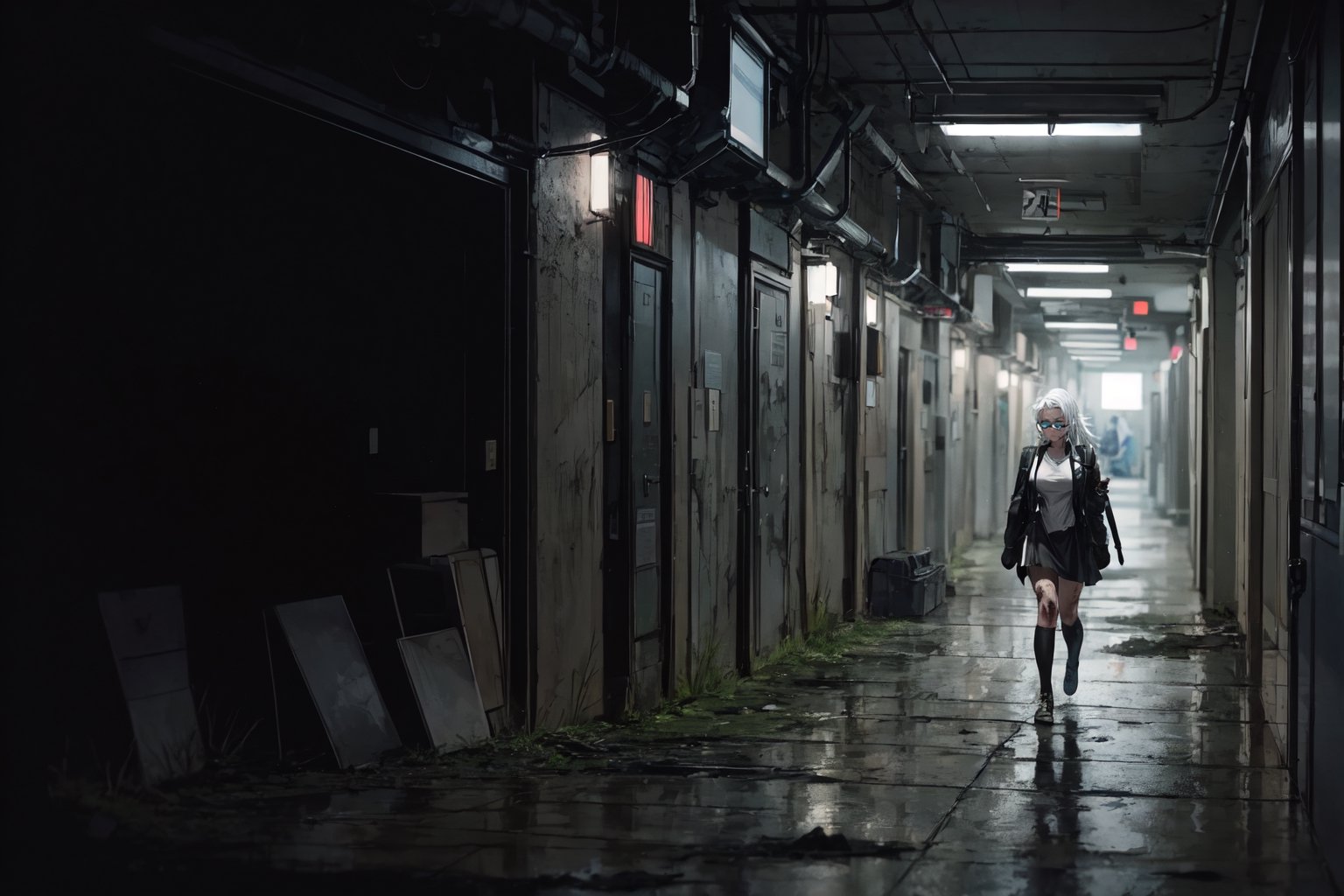 Anime, high quality ,woman in the city hiding at night in a hospital,post apocalyptic world, white hair, black jacket, black glasses,big breasts , small brown backpack on the back , zombie infection ,long hair.,peeing self