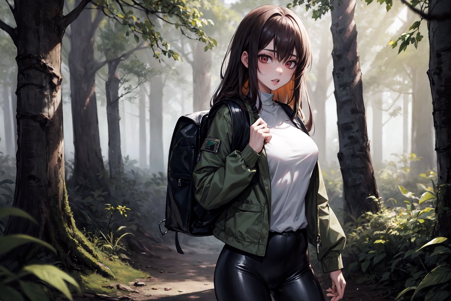 Anime, high quality ,hunter woman in the forest, green jacket, black leather pants ,giant breasts , small brown backpack on the back , zombie infection ,long hair,4esthet1c,fellajob,peeing self