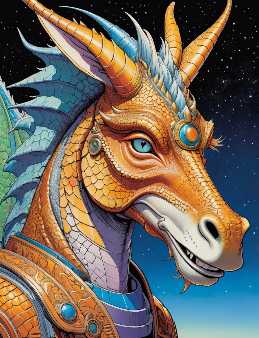Jean Giraud ((Moebius style)), head and shoulders Portrait of a anthropomorphic  (donkey:1) fusion with (dragon:2) animal space sci-fi cyborg, background alien world, symmetrical features, perfect detailed eyes, highly detailed, line ink illustration,highly detailed, ink sketch,ink Draw,Comic Book-Style 2d,2d, pastel colors