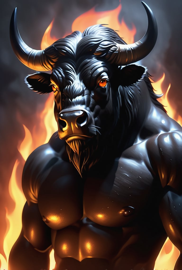 Shadow was in a dark place, and the thing staring at him wore a buffalo's head, rsnk and furry with huge wet eyes. Its body was a man's body, oiled and slick.((Theriocephaly)), FLAMES IN MOUTH, LIQUID MARBLE EYES,  ,darkart