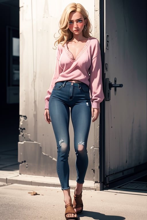 a (30year old) women,cute,blushed,(sandy blonde hair),blue eyes,wearing low cut v-neck pink sweater, no undershirt, tight jean pants and BROWN BIRKENSTOCK  SANDALS,displaying frustration,medium breasts,((blake lively:0.3), (emily blunt:0.3), (kate beckisale:0.4)),blurred desaturated italian background,dark theme,soothing tones,muted colors,high contrast,(natural skin texture, hyperrealism, soft light, sharp),((full body)),standing in front of white mazda 6,