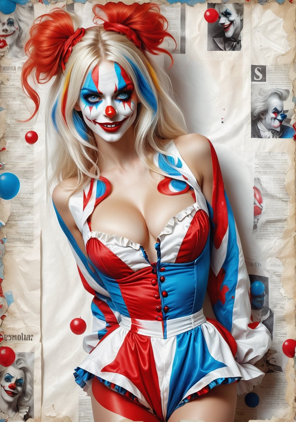 a seductive blonde woman It the clown with blue eyes in a  revealing white and red outfit, with a teasing smile, newspaper background . Full_body ,mad-marbled-paper