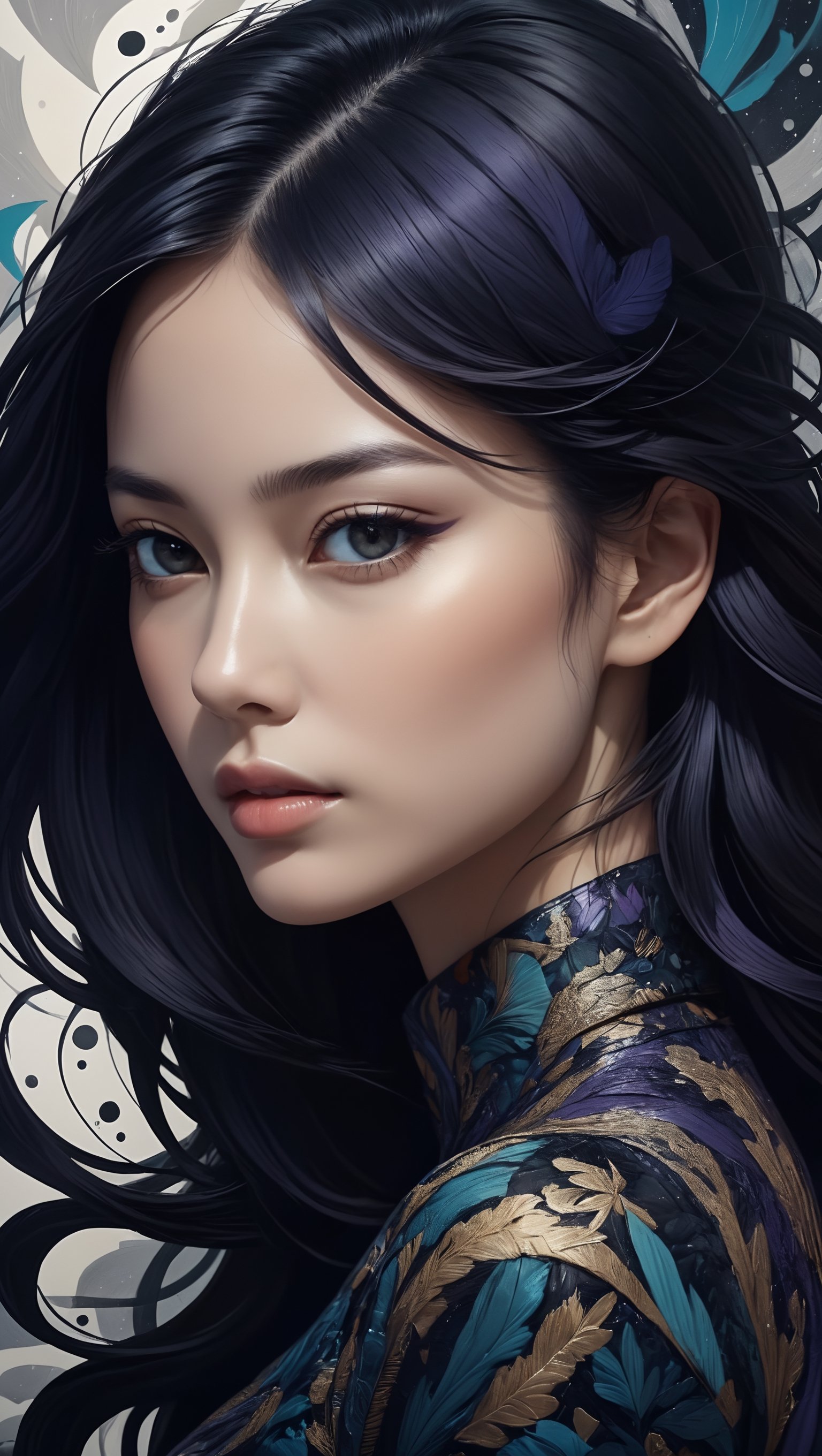 abstract portrait of beatiful girl in taro cards style. Intricate detail, merge mystery of taro and elegant style of the best dark style artists. Dark palette, artwork, crisp lines, rough aesthetics, masterpiece, abstract, surrealism