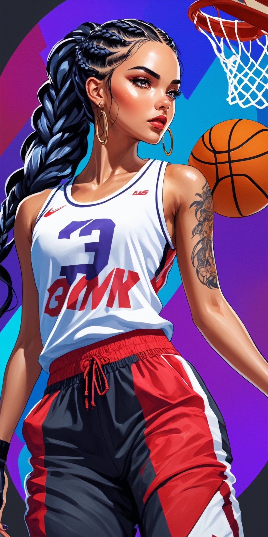 (masterpiece, high quality, 8K, high_res:1.5), 
fashion professional photoshot in anime style, realistic, 
beautiful woman, Latina supermodel, black braided hair, biomechanical tattoo, incredible figure,
clothing \sport top, baggy breeches, basketball shoes\,
outdoor basketball court background, 
fashion, stylish, colorful, sensual, beautiful, elegant, impudent, trending on fashion magazines, trending on sport magazines, perfectionism,
((ink lines and watercolor wash)),,Vector illustration,Illustration