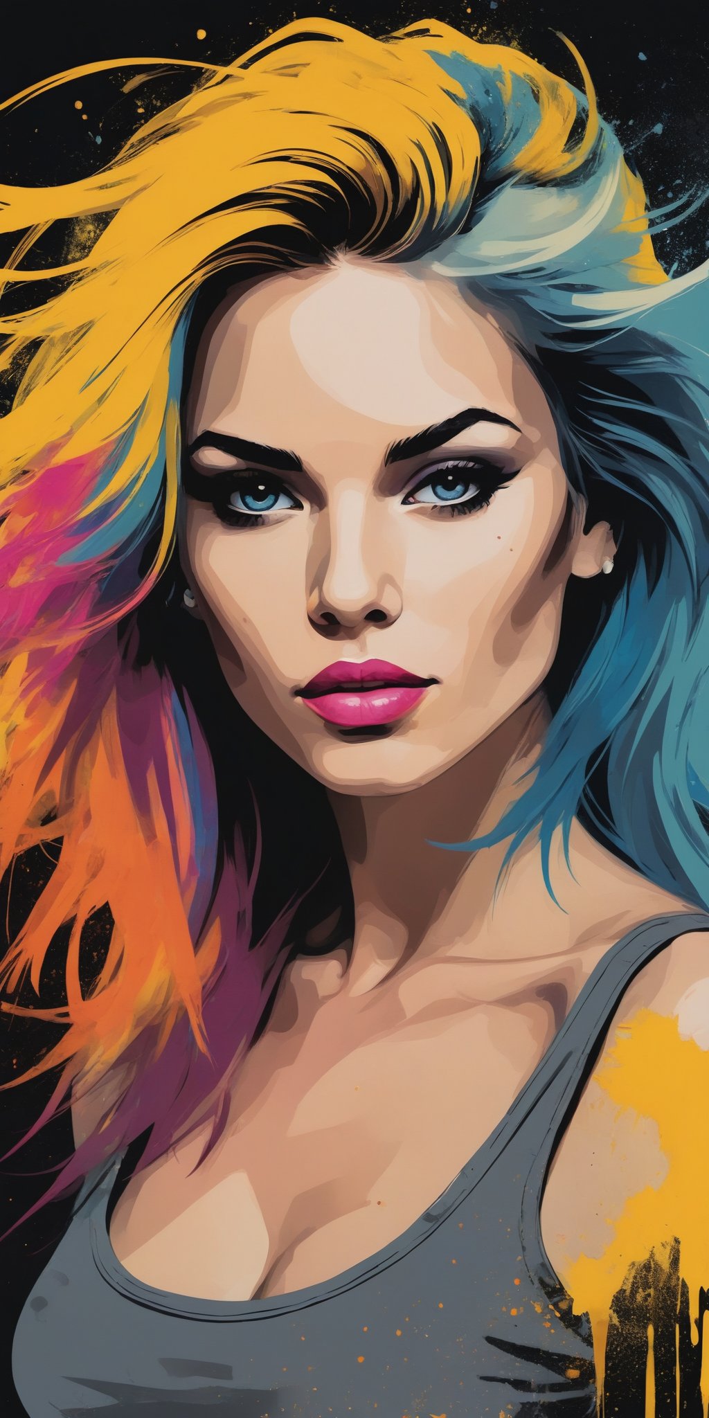 let's create an abstract portrait about beautiful young woman as the Rockstar, a mixture of grunge chaos and pop art display, symbolism,portraitart