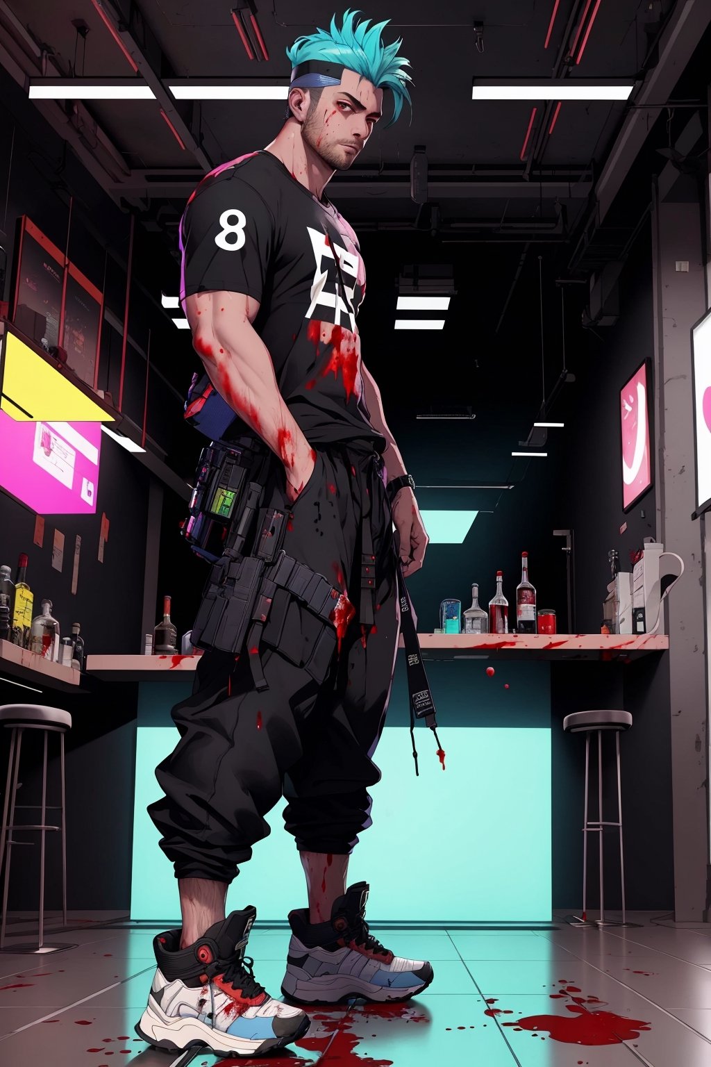 Cyberpunk mercenary, (best quality, 8K, highres: 1.3), (side shot: 1.1), (longshot:1.2), bar, 1 man, trained body,  full messy around, t-shirt, pants, sneakers, blood on body,blad4